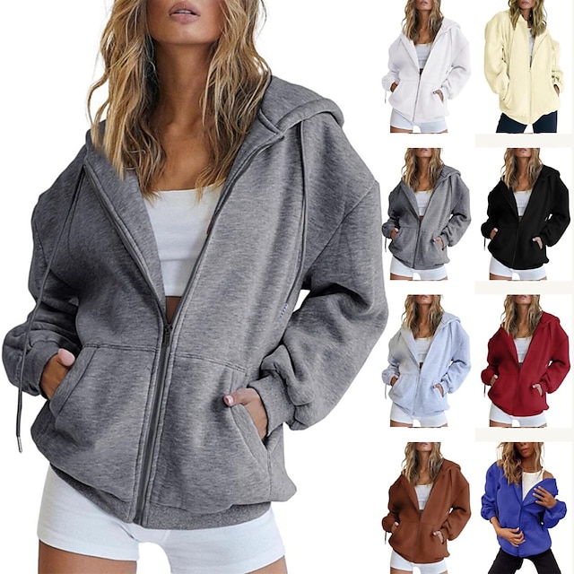  Women's Hoodie Jacket Drawstring Long Sleeve Hoodie Athletic Athleisure Thermal Warm Breathable Moisture Wicking Running Active Training Walking Sportswear Activewear Solid Colored Black White Light