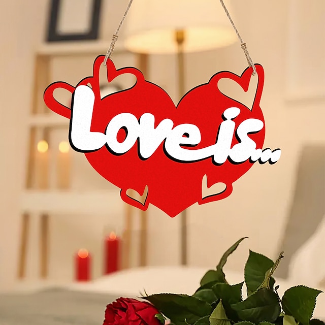  Red Love Wooden Pendant Wall Decoration Heart-Shaped Pendant Valentine's Day Wedding Home Decoration 1PC