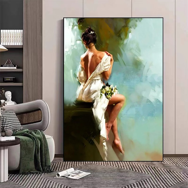  Künstlerisches Frauenporträt auf Leinwand, handgemalte Frau mit Blick nach hinten, Wanddekoration, Frauen-Leinwand, handgemachtes Frauen-Leinwandgemälde, moderne gerollte Leinwand (kein Rahmen)