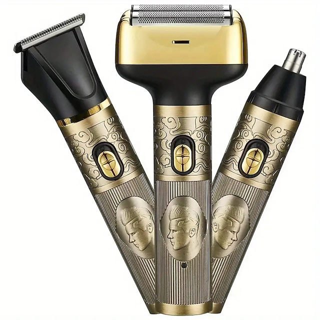  3-in-1 Electric Shaver Nose Hair Trimmer and Barber Scissors Set - Retro Style Copper Metal - Wholesale