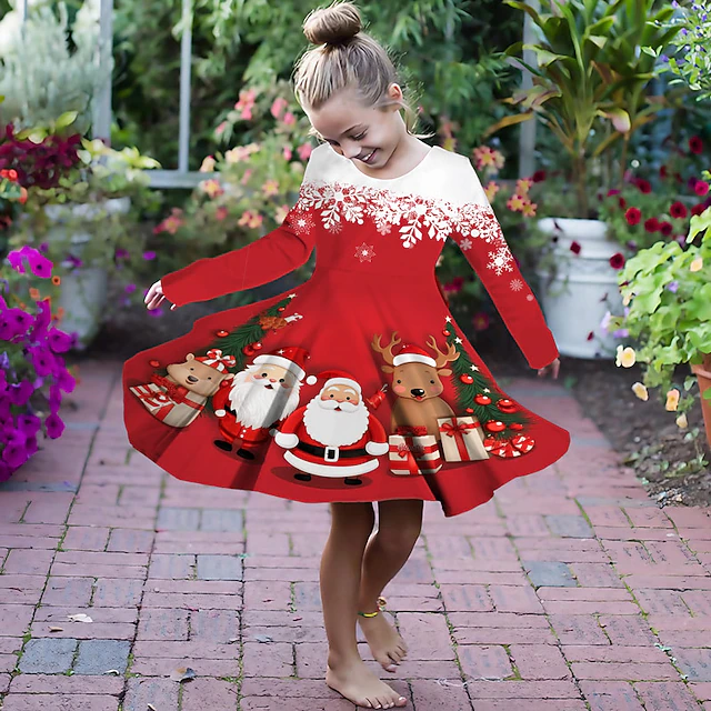 Girls' 3D Santa Claus Elk Christmas Dress Dress Snowflake Dress Long Sleeve 3D Print Fall Winter Vacation Sports & Outdoor Daily Cute Casual Beautiful Kids 3-12 Years Casual Dress A Line Dress Above 6