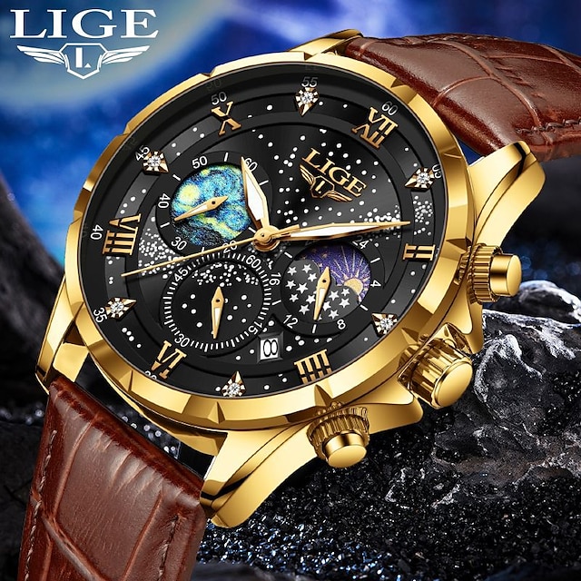  LIGE Mens Watch Luxury Waterproof Male Clock Moon Phase Date Casual Blue Leather Quartz Wrist Watch Men Chronograph Montre Homme