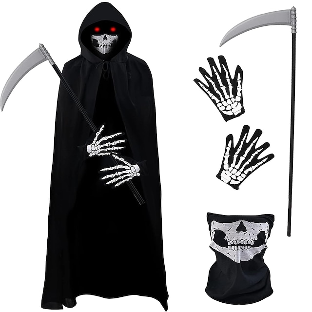  Halloween-Sensenmann-Kostüm, Skelett-Totenkopf-Outfits, 4-teiliger Umhang mit Kapuze, Umhang, Kunststoff-Sense-Totenkopf-Maske, einfache Halloween-Kostüme, Karneval für Männer, Erwachsene, Karneval
