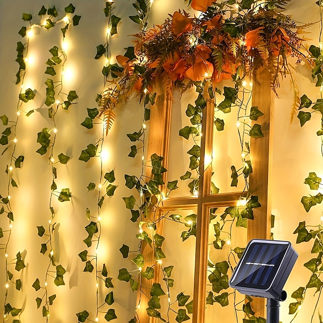  LED String Light IP65 Vodotěsná solární energie Venkovní LED String Závěsná světla Umělá venkovní břečťanová listová Rostliny pro zahradní plot Nástěnná závěsná dekorace Teplá bílá 8 Režim osvětlení