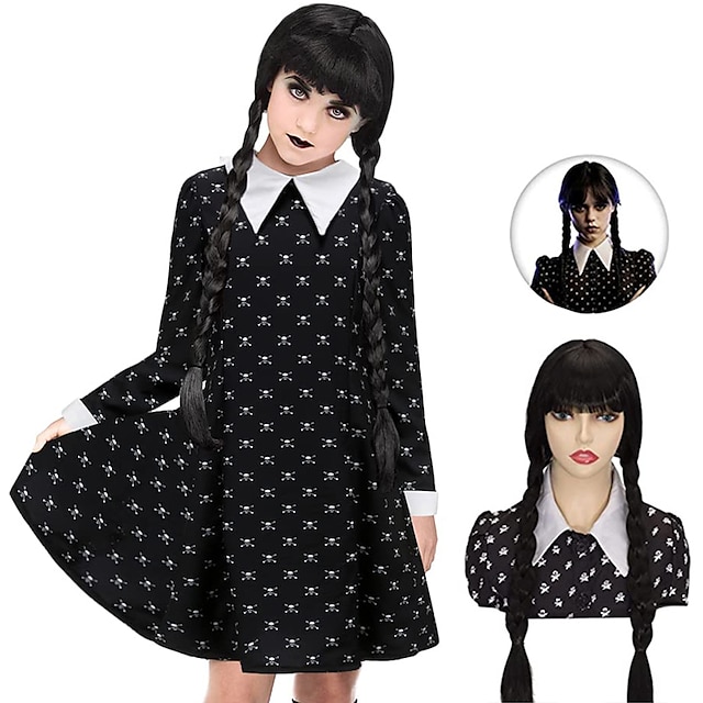  Kid's Wednesday Addams Floral Black Dress Plaits Pigtails Wig For Girls Goth Girl Addams family A-Line Dress Movie Cosplay Costume Gothic Little Black Dress Masquerade Carnival World Book Day Costumes