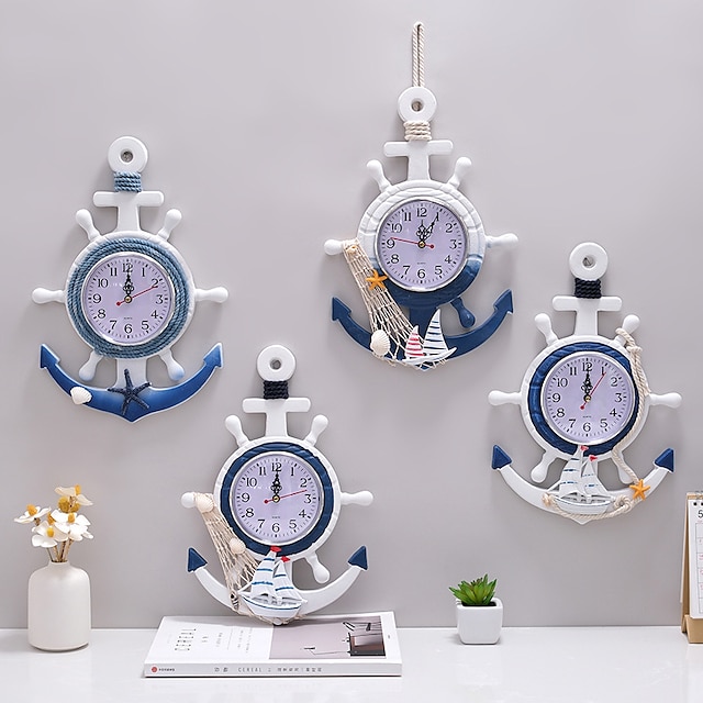  Mediterranean Style Blue and White Rudder Helmsman Anchor Personalized Wall Clock Clock Electronic Watch Decoration Navigation Clock Office Home Ocean Theme Wall Hanging