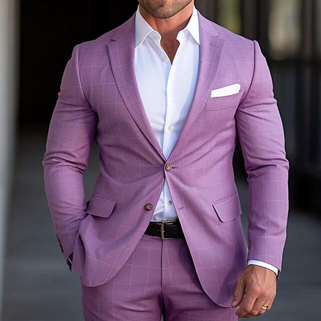 Men's Graduation Blazer Business Cocktail Party Wedding Party Fashion Casual Spring &  Fall Polyester Plaid / Check Geometic Pocket Casual / Daily Single Breasted Two-button Blazer Purple2