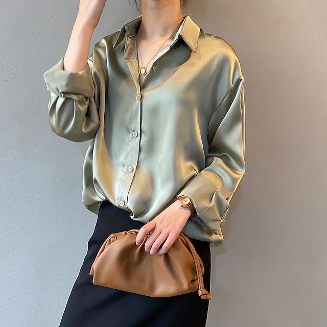 Women's Satin Elegant Dressy Shirt Blouse Women's Black White Green Solid / Plain Color Button Office Daily Fashion Shirt Collar Regular Fit S 8