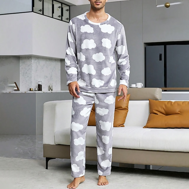  Herr Vardagsklädsel Sovkläder Pyjamas set Pyjamastopp och byxa 2 delar Grafiska tryck Stylish Ledigt Komfort Hem Dagligen Flanell Komfort Rund hals Långärmad Pullover Byxa Elastisk midja Sommar Vår