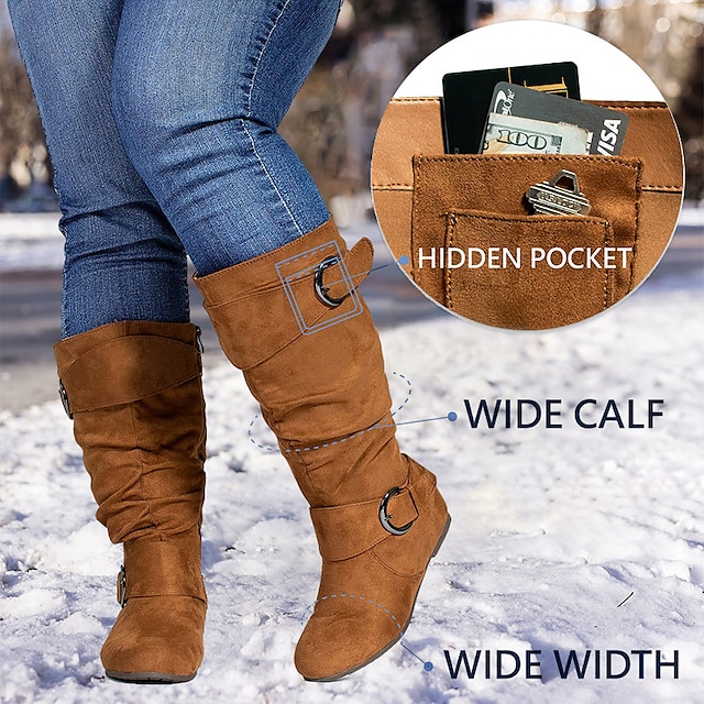  Damen Stiefel Weite Wadenstiefel Wildlederschuhe Slouchy-Stiefel Outdoor Täglich Feste Farbe Stiefel mit mittlerer Wade Winter Reißverschluss Flacher Absatz Runde Zehe Brautkleider schlicht Komfort