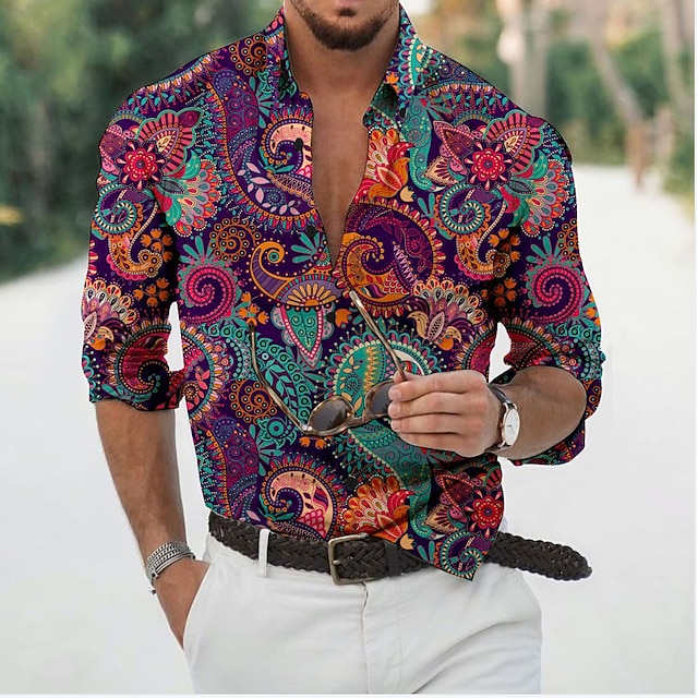  Men's Shirt Graphic Shirt Floral Turndown White Yellow Light Purple Purple 3D Print Daily Holiday Long Sleeve 3D Print Button-Down Clothing Apparel Fashion Designer Casual Breathable