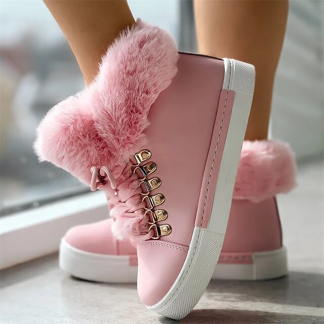 Women's Pink Faux Fur Lined High-Top Sneakers - Warm and Cozy Winter Casual Shoes 18