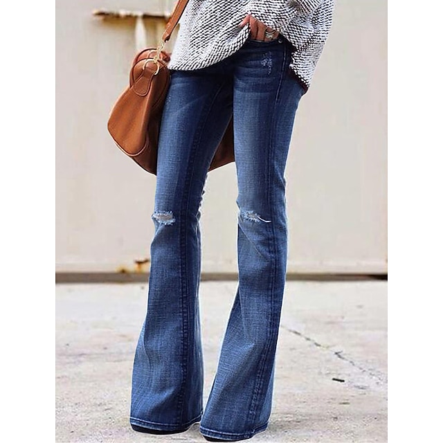  Women's Jeans Bell Bottom Pants Trousers Denim Full Length Micro-elastic Ripped Fashion Streetwear High Waist Street Daily Light Blue Black hole XS S Fall Winter