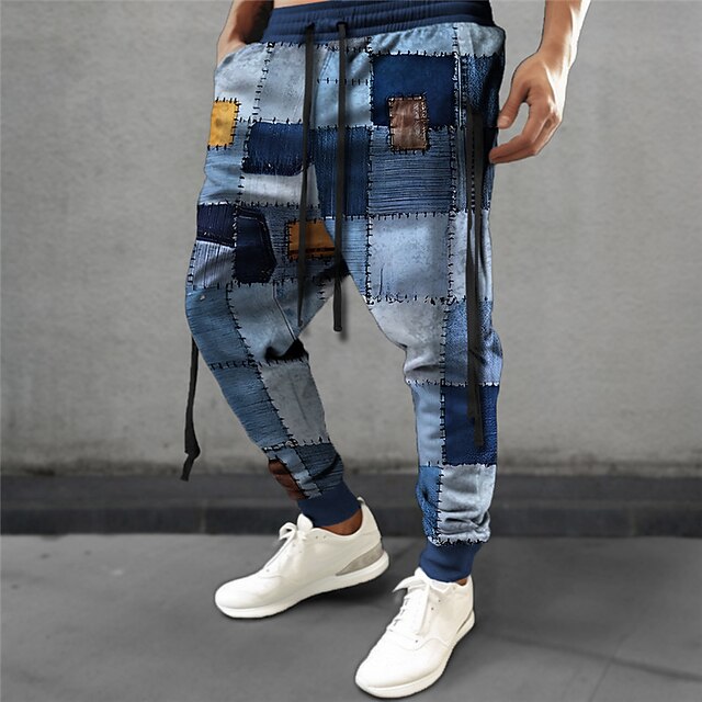 Plaid Geometry Casual Men's 3D Print Sweatpants Joggers Pants Trousers Outdoor Street Casual Daily Polyester Navy Blue Royal Blue Blue S M L Mid Waist Elasticity Pants 6