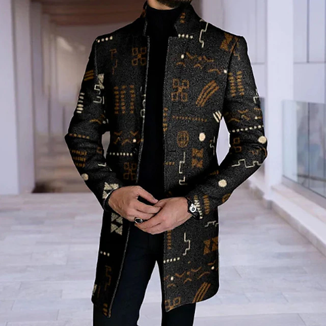 Men's Geometry Winter Coat Overcoat Coat Warm Comfortable Breathable Business Casual Work Wear to work Going out Pocket Print Fall & Winter Stand Collar Long Sleeve Black Blue Gray4