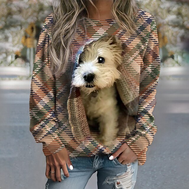  Women's Sweatshirt Pullover Active Sportswear Khaki Plaid Dog Casual Sports Round Neck Top Long Sleeve Fall & Winter Micro-elastic