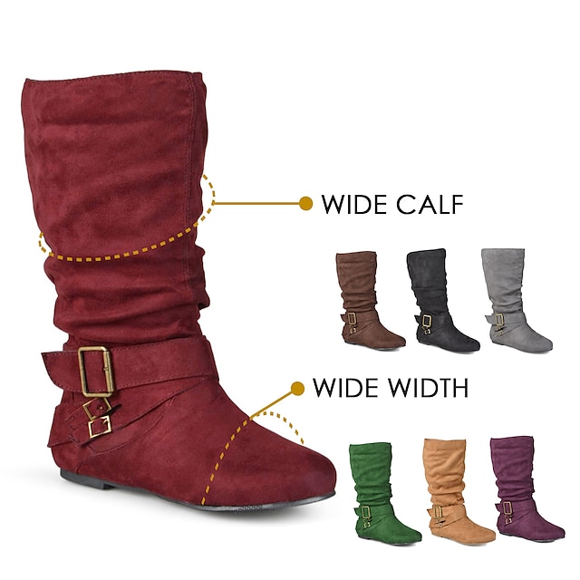  Women's Boots Wide Calf Boots Suede Shoes Slouchy Boots Outdoor Daily Solid Color Mid Calf Boots Winter Zipper Flat Heel Round Toe Casual Comfort Minimalism Suede Zipper Dark Grey Dark Brown Black