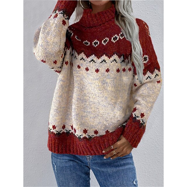  Women's Ugly Christmas Sweater Pullover Sweater Jumper Jumper Ribbed Knit Patchwork Regular Turtleneck Geometric Christmas Daily Stylish Casual Fall Winter Red S M L