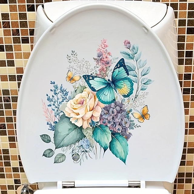  Naklejka na pokrywę sedesu z zabawnym kwiatkiem i motylem - wodoodporna samoprzylepna naklejka na wystrój łazienki Wystrój pokoju, wystrój domu