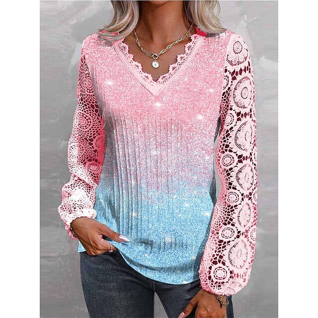  Women's Shirt Lantern Sleeve Blouse Pink Green Gray Lace Print Graphic Floral Color Gradient Casual Holiday Long Sleeve V Neck Fashion Regular Fit Floral Spring &  Fall Lantern Sleeve