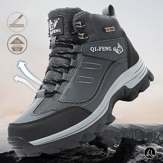  Men's Women Boots Hiking Boots Trekking Shoes Fleece lined Hiking Walking Sporty Casual Outdoor PU Cloth Warm Slip Resistant Mid-Calf Boots Lace-up Black Gray Fall Winter
