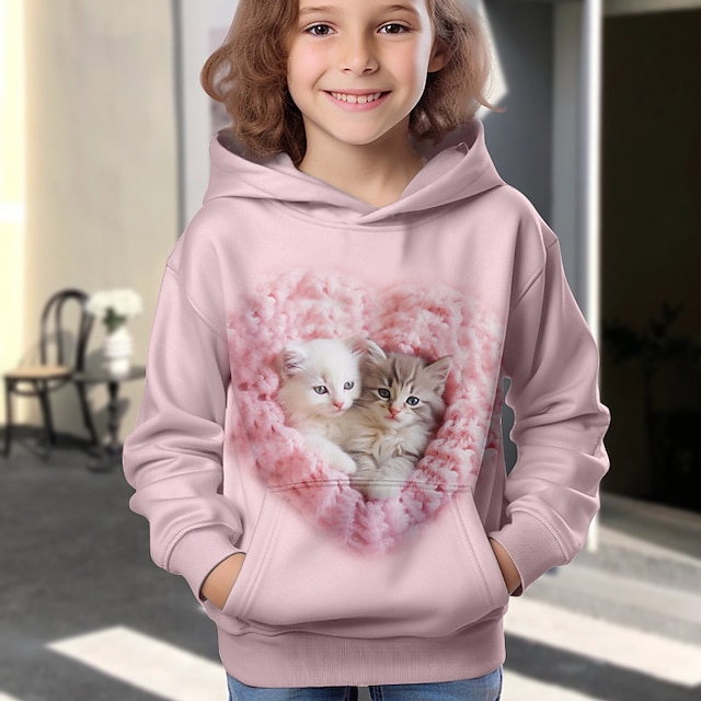  女の子 3D 猫パーカー プルオーバー 長袖 3D プリント 秋冬 アクティブ ファッション かわいい ポリエステル 子供 3-12 歳 アウトドア カジュアル デイリー レギュラーフィット