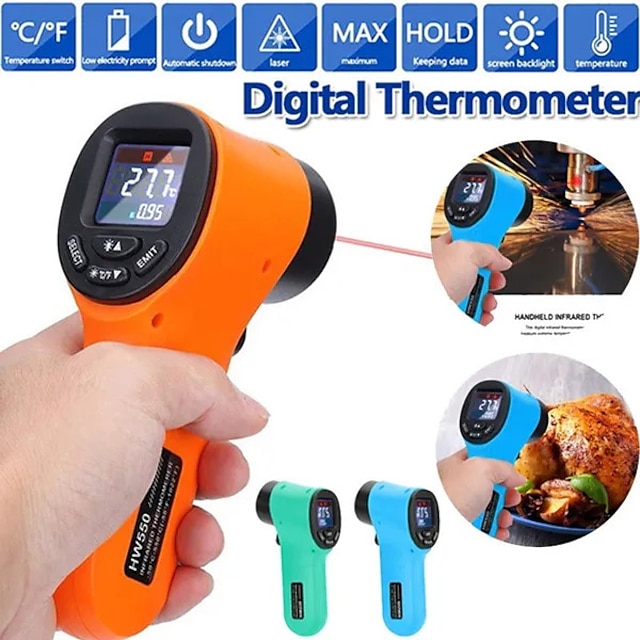  1PC Non-Contact Infrared Kitchen Thermometer Handheld Digital Infrared Thermometer IR Laser Thermometer -5050/550 Industrial Thermometer Meter Pyrometer(without Battery)