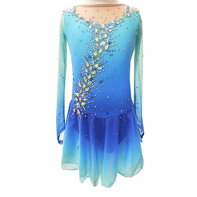  Vestido de patinaje artístico Mujer Chica Patinaje Sobre Hielo Vestidos Azul Dedo Pulgar Teñido Halo Alta elasticidad Profesional Competición Ropa de Patinaje Mantiene abrigado Cristal / Strass Manga