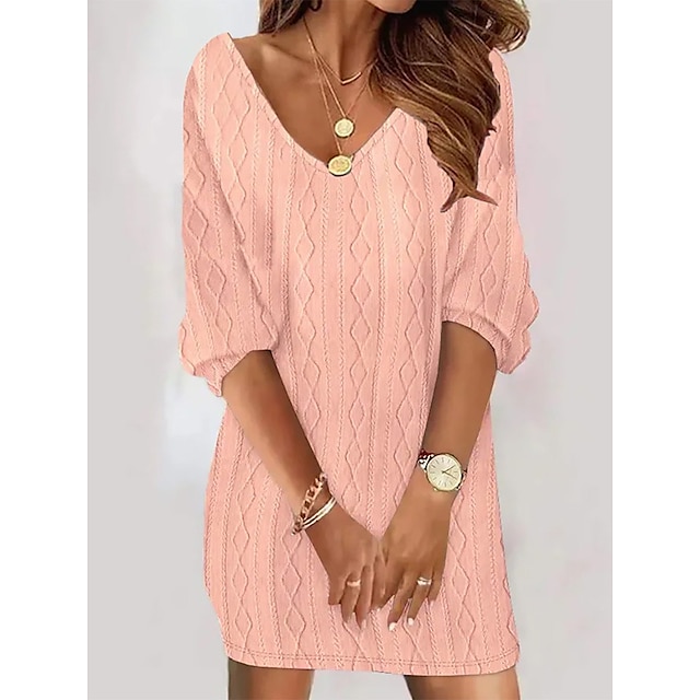  Women's Casual Dress Sweater Dress Winter Dress Ribbed Mini Dress Fashion Basic Daily Date Going out Long Sleeve V Neck Loose Fit 2023 Pink Color S M L XL XXL Size