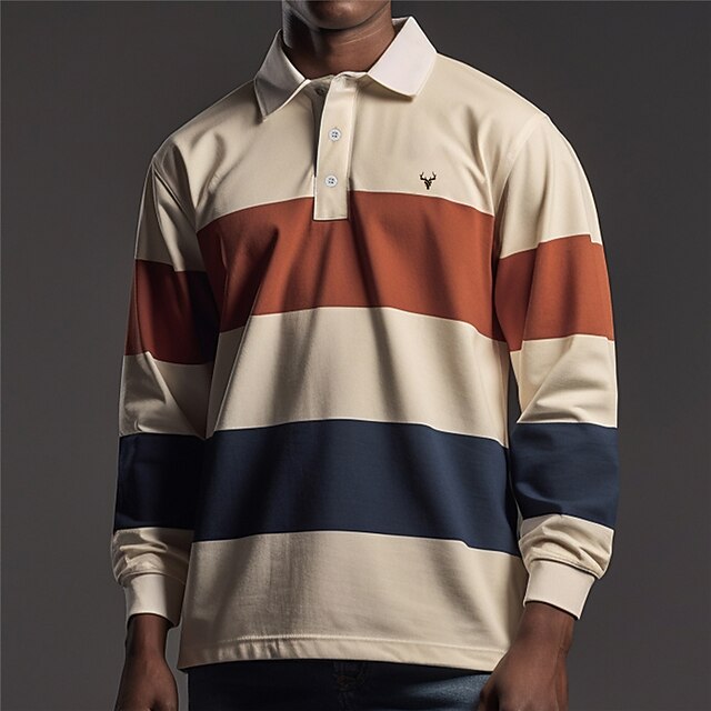 Men's Stripe Rugby Polo Golf Polos Shirts Long Sleeve Polo Shirts Turndown Casual Outdoor Casual Daily Streetwear 3D Print Fall & Winter Khaki2