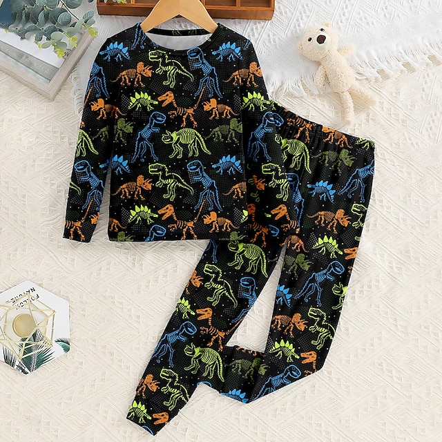  Para Meninos 3D Dinossauro Conjunto de Pijama Manga Longa Impressão 3D Outono Inverno Ativo Legal Diário Poliéster Infantil 3-12 anos Gola Redonda Casa Casual Interior Normal