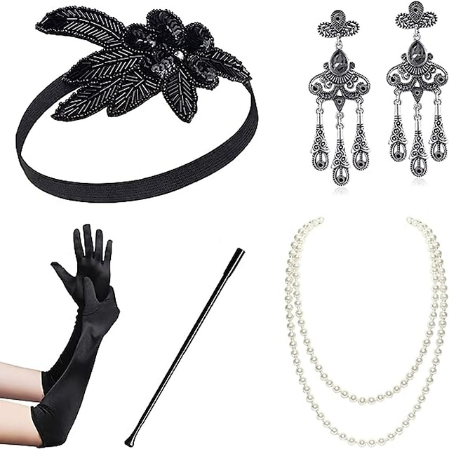  1920er-Jahre-Gatsby-Zubehörset für Damen, Flapper-Stirnband, 20er-Jahre-Kopfbedeckung, Halskette, Handschuhe