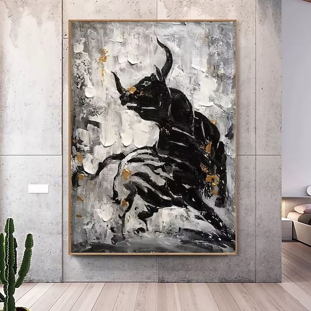  kézzel készített olajfestmény vászon fal művészeti dekoráció fekete-fehér absztrakt stílusú állati bika lakberendezéshez hengerelt keret nélküli feszítetlen festmény