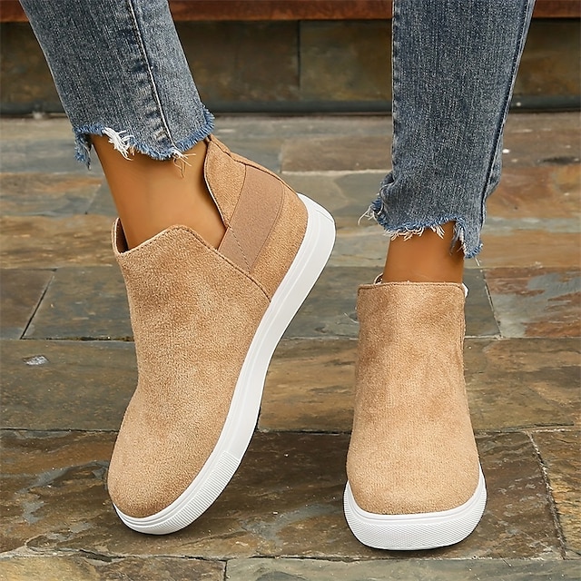 Women's Tan Suede Slip-On Sneakers with Elastic Side Panels – Casual Comfortable Shoes for Everyday Wear 15