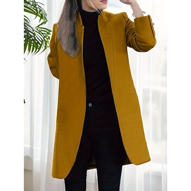  Women's Winter Coat Wool Blend Coat Overcoat Open Front Stand Collar Pea Coat Mid-Length Fall Windproof Warm Trench Coat Jacket with Pockets Slim Fit Casual Street Outerwear Long Sleeve Fall