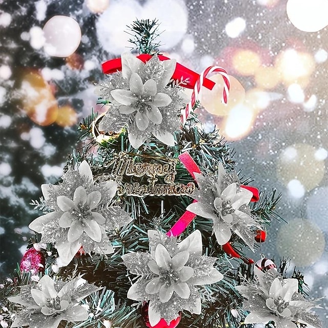  50 stuks rode poinsettia bloem kunstmatige kerst decor, glitter poinsettia kerstboom bloem decoratie, diy xmas krans decor