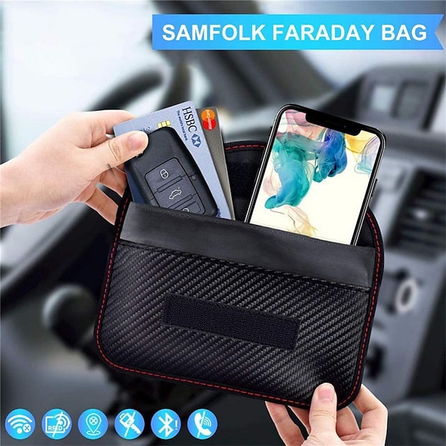  1個のファラデーバッグ（携帯電話用）、車の鍵、RFID信号ブロッキングバッグ、カーボンファイバーケース、プライバシー保護キーフォブ、防追跡・防ハッキングケースブロッカー、クリックできます