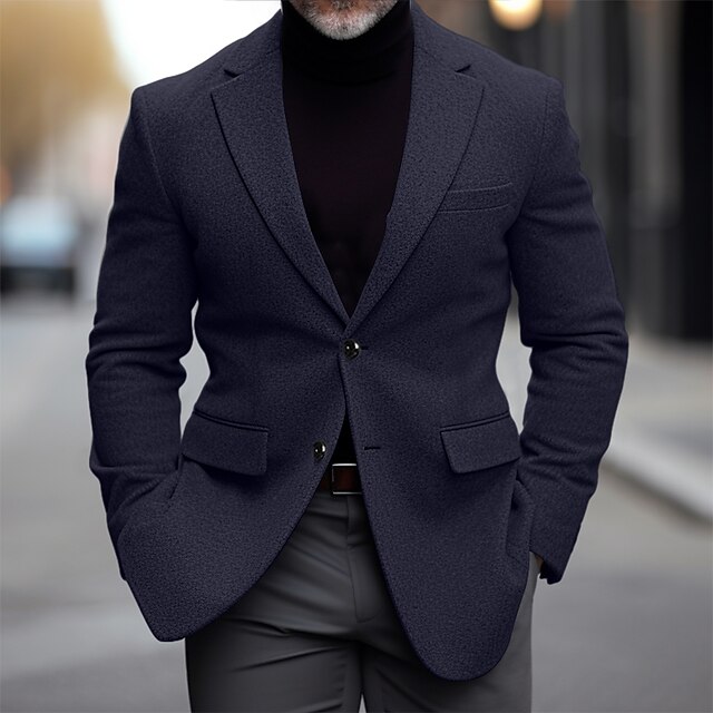  Men's Blazer Business Wedding Party Fashion Casual Winter Spring &  Fall Wool Blend Plain Pocket Casual / Daily Single Breasted Blazer Black Burgundy Navy Blue Gray