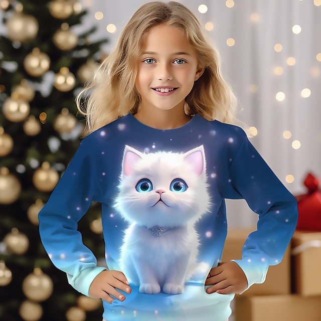  Girls' 3D Cat Sweatshirt Pullover Long Sleeve 3D Print Fall Winter Fashion Streetwear Adorable Polyester Kids 3-12 Years Crew Neck Outdoor Casual Daily Regular Fit