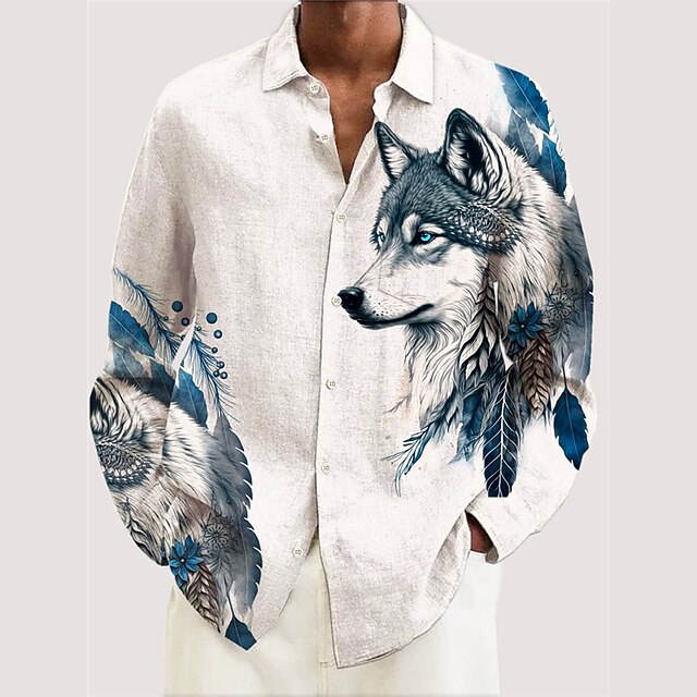 Men's Wolf Shirt Button Up Shirt Long Sleeve Vintage Abstract Outdoor Street Casual Daily Fall & Winter Turndown Buttons Print White3
