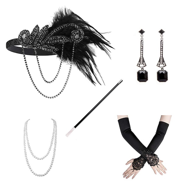  Vintage 1920s El gran Gatsby Diadema de estilo flapper Conjunto de accesorios Collar Pendiente charlestón Mujer Pluma Mascarada Festival Guantes