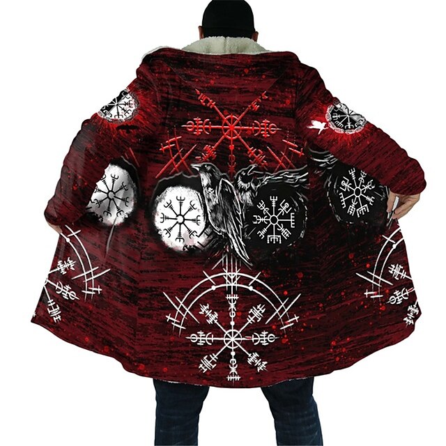 Men's Crow Totem Winter Coat Fleece Jacket Coat Comfortable Warm Breathable Vintage Abstract Sports & Outdoor Daily Wear Going out Zipper Pocket Print Fall & Winter Hoodie Long Sleeve Wine2