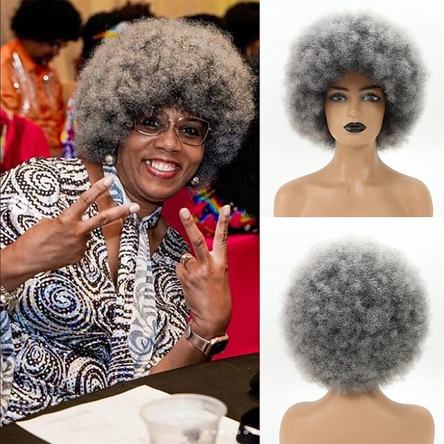  Short Afro Wig for Black Women Smoky Gray Afro Wigs Unisex Men Women Large Bouncy and Soft Natural Looking Hair Short Afro Kinky Curly Premium Synthetic Wig