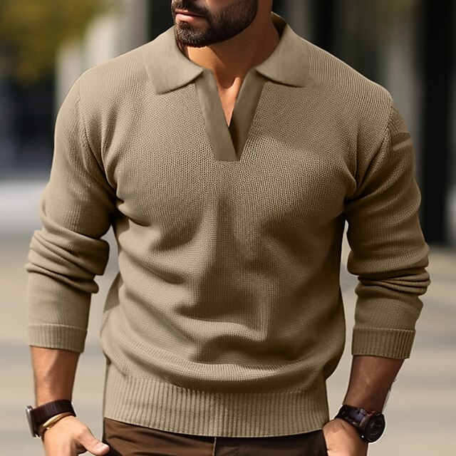  Men's Pullover Sweater Jumper Cropped Sweater Ribbed Knit Knitted Regular Lapel Plain Work Daily Wear Modern Contemporary Clothing Apparel Winter Autumn Black Khaki M L XL