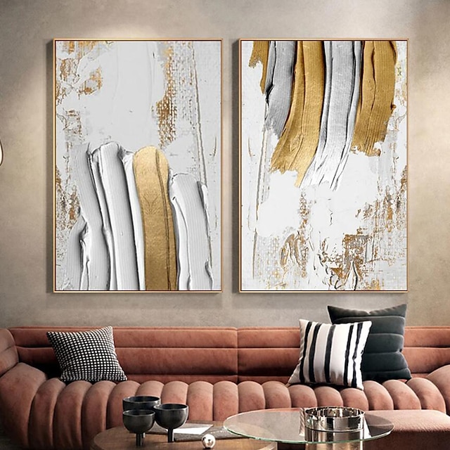  2 Set moderne Leinwandgemälde Spachtel Gold abstraktes dickes Ölgemälde Zuhause Wohnzimmer Dekor Wandkunst Cuadros gespannte Leinwand hängende Bilder