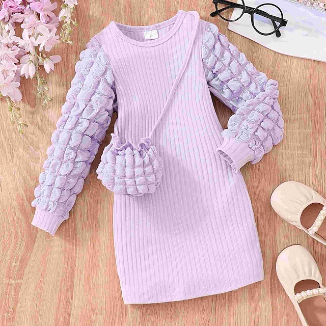  Bébé Fille Robe Couleur unie manche longue Ecole Utilisation Ruché Actif Mode Polyester Midi Robe Droite Printemps Automne 3-7 ans Lavande pourpre Noir Blanche