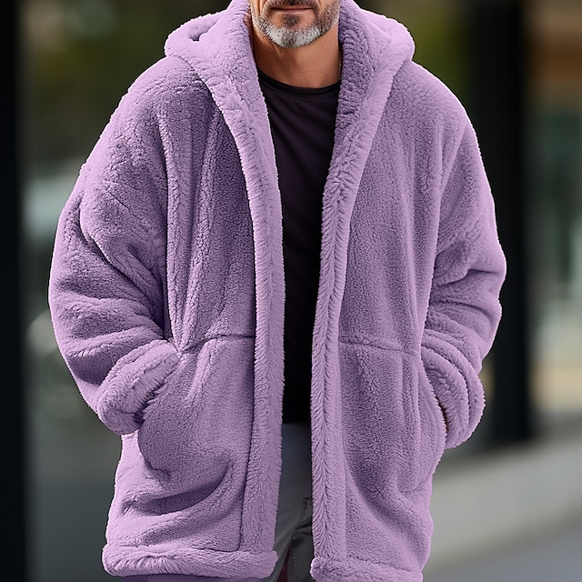  Men's Fleece Jacket Teddy Coat Warm Outdoor Daily Wear Fall Winter Hooded Fashion Streetwear Solid Color Plain Open Front Regular Black Purple Jacket