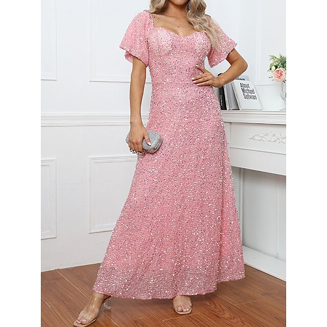  Women's Long Dress Maxi Dress Prom Dress Party Dress Sequin Dress Pink Brown Pure Color Short Sleeve Spring Fall Winter Sequins Fashion Square Neck Birthday Evening Party Wedding Guest 2023 S M L XL