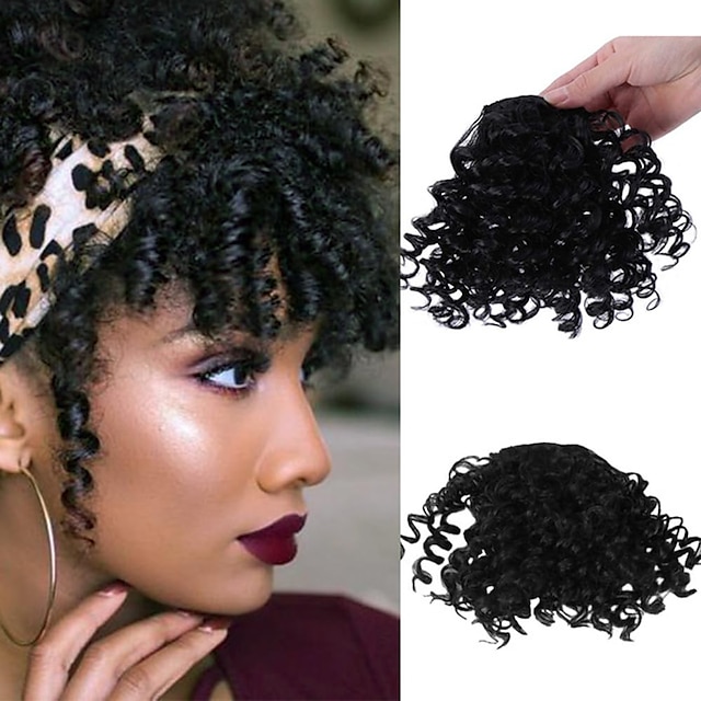  Short Black Afro Puff Drawstring Ponytail Extension Kinky Curly Bangs Clip Short for Women Wig piece