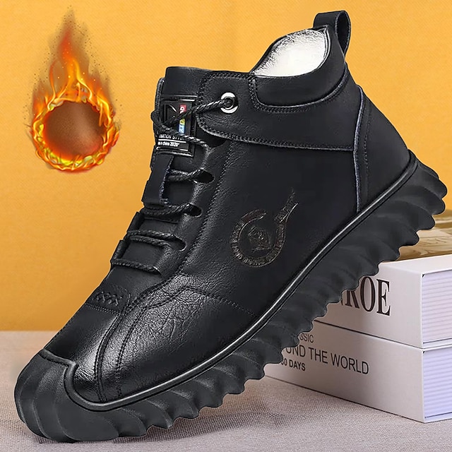  Men's Black Faux Leather Ankle Boots with Warm Plush Lining and Rugged Non-Slip Sole - Stylish and Comfortable for Cold Weather and Outdoor Activities